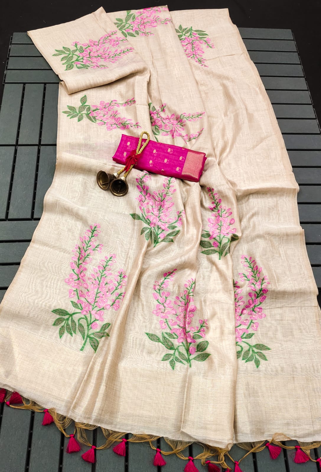 Cream White & Pink Floral Muga Cotton Saree