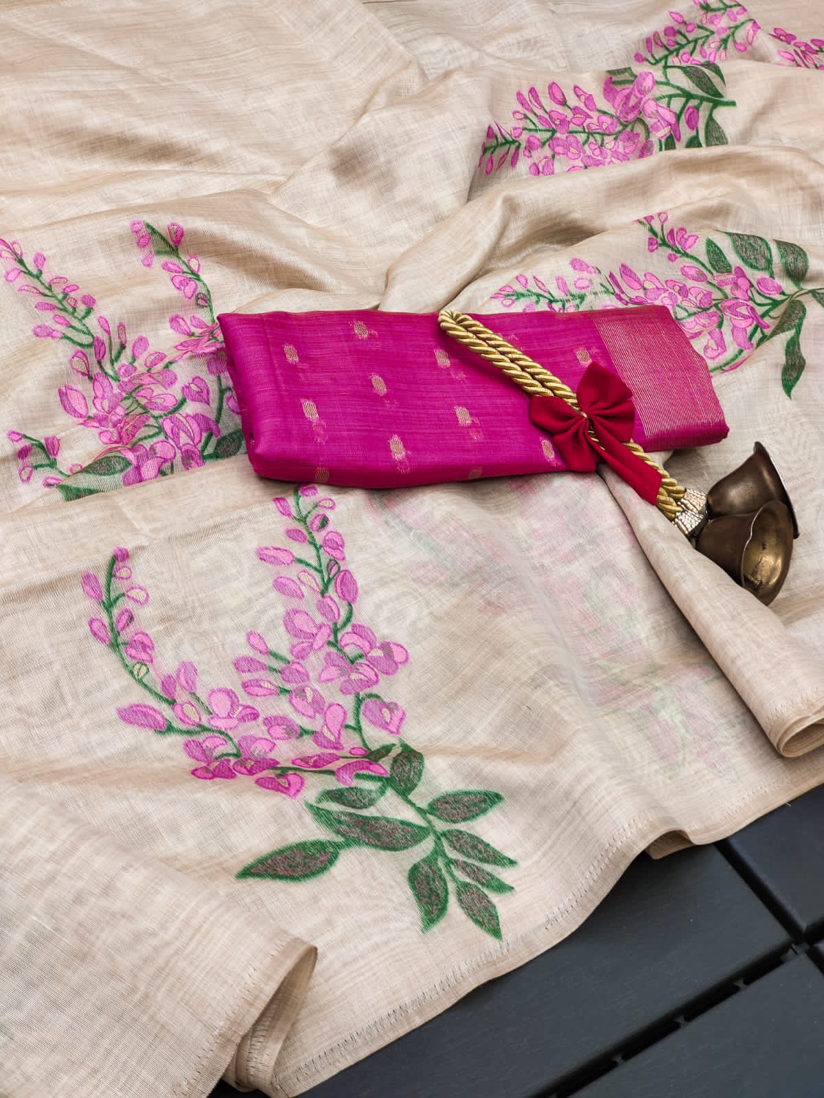 Cream White & Pink Floral Muga Cotton Saree