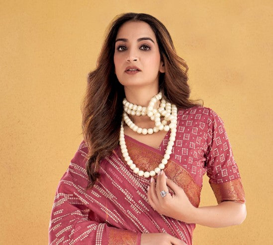 Creamy Pink Printed Sungudi Dola Silk Saree
