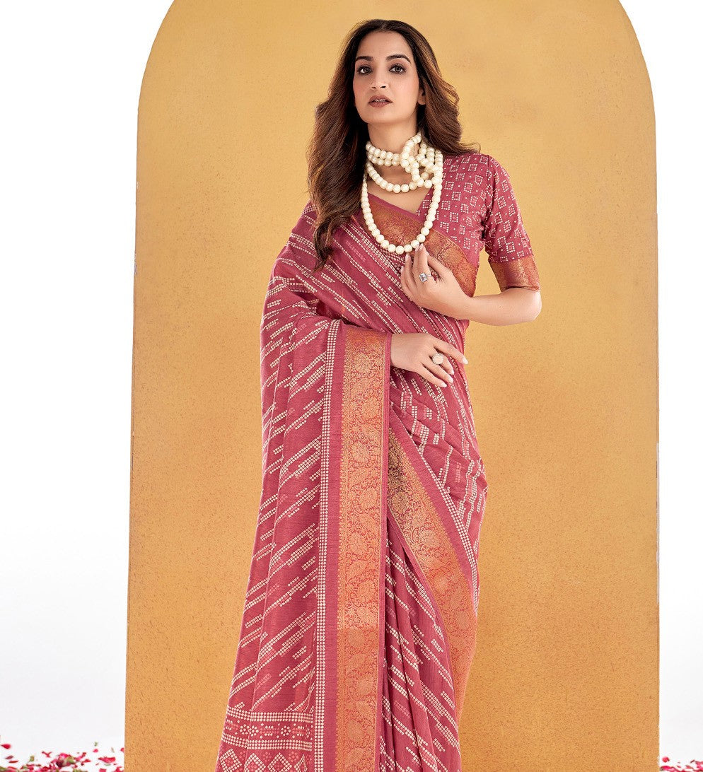 Creamy Pink Printed Sungudi Dola Silk Saree
