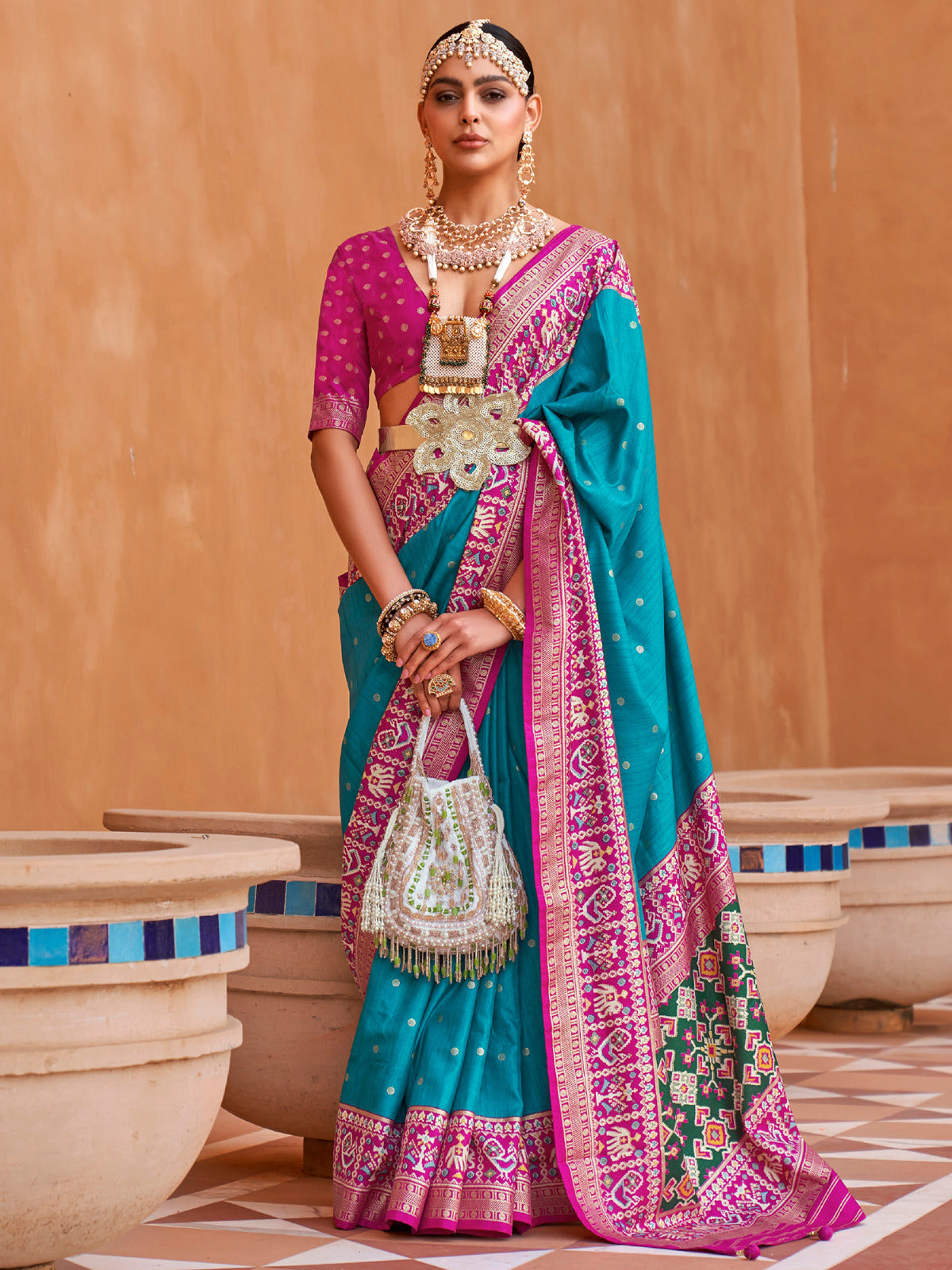 Cyan Blue Woven Patola Silk Saree