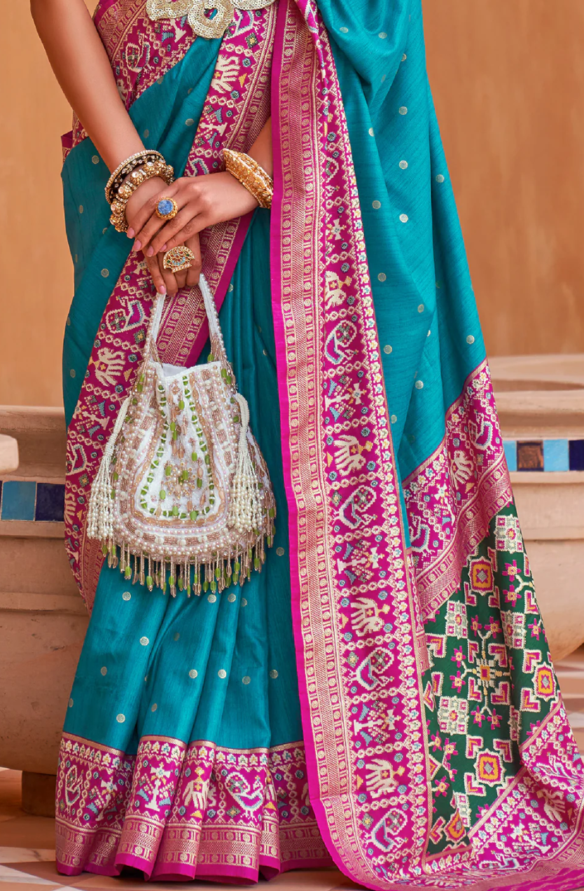 Cyan Blue Woven Patola Silk Saree