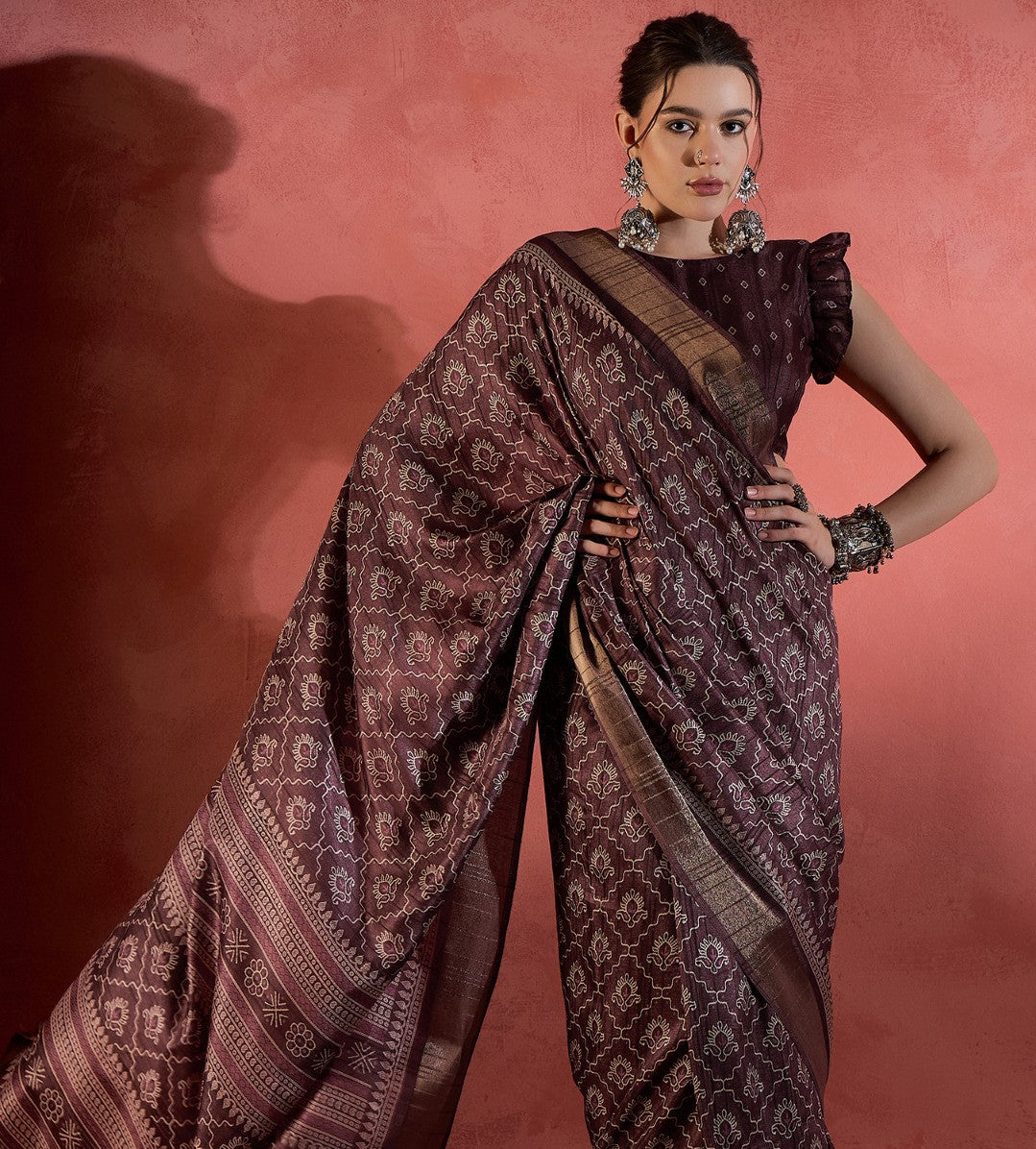 Syrup Brown Printed Sungudi Silk Saree