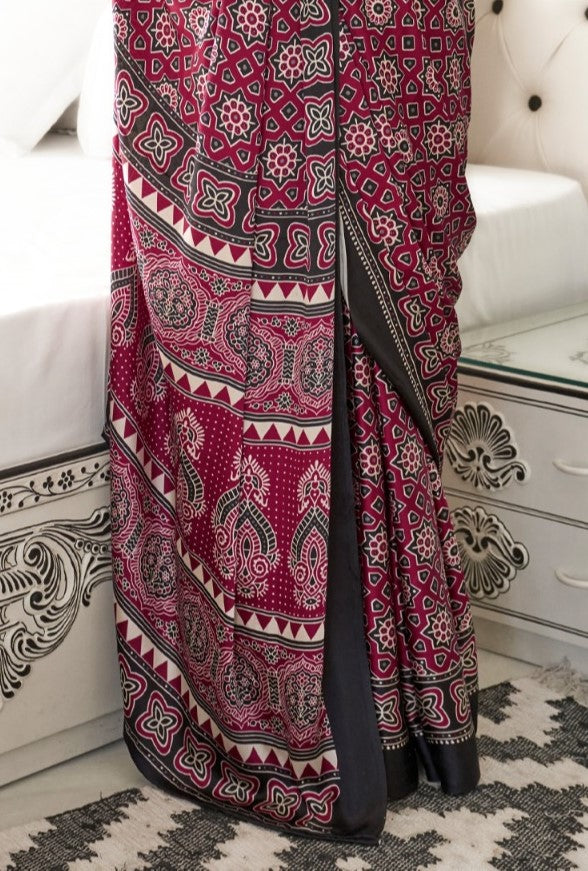 Dark Pink Printed Crepe Saree