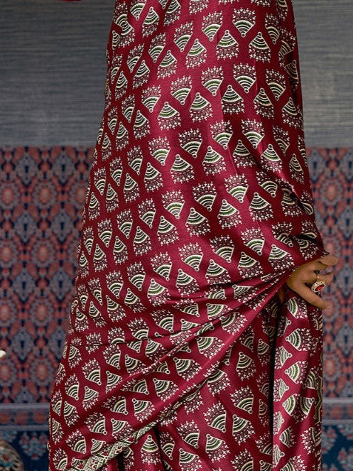 Leaf Green Ajrak Crepe Saree