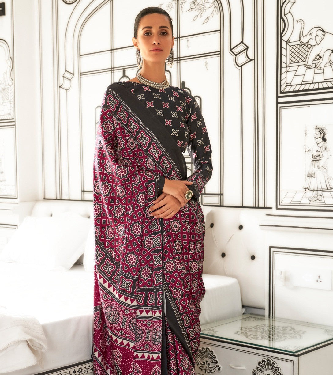 Dark Pink Printed Crepe Saree