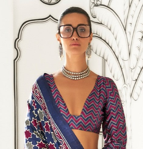 Dusky Blue Printed Crepe Saree