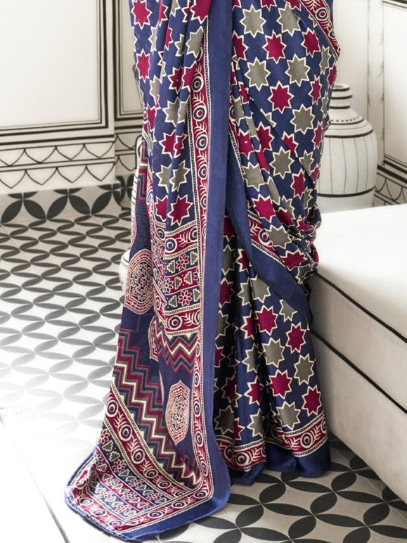 Dusky Blue Printed Crepe Saree