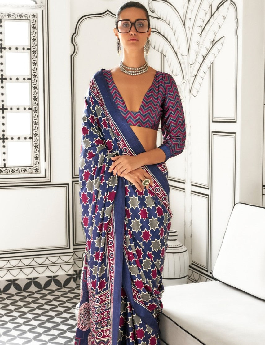 Dusky Blue Printed Crepe Saree