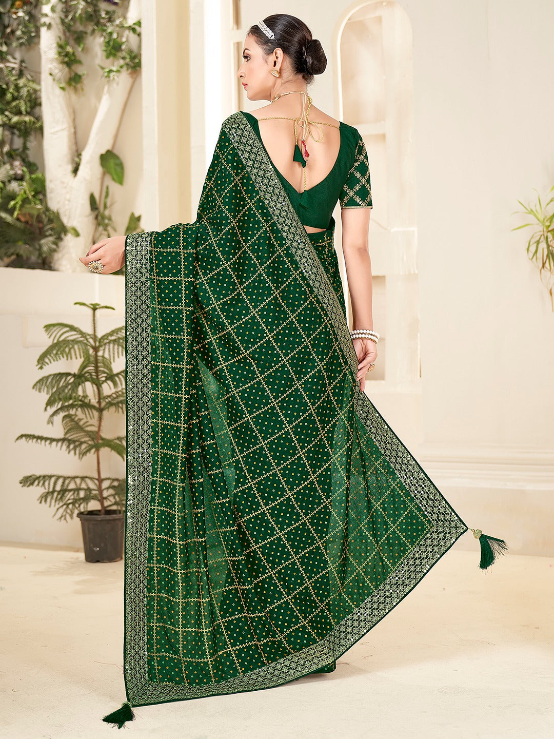 Forest Green Bandhani Silk Saree