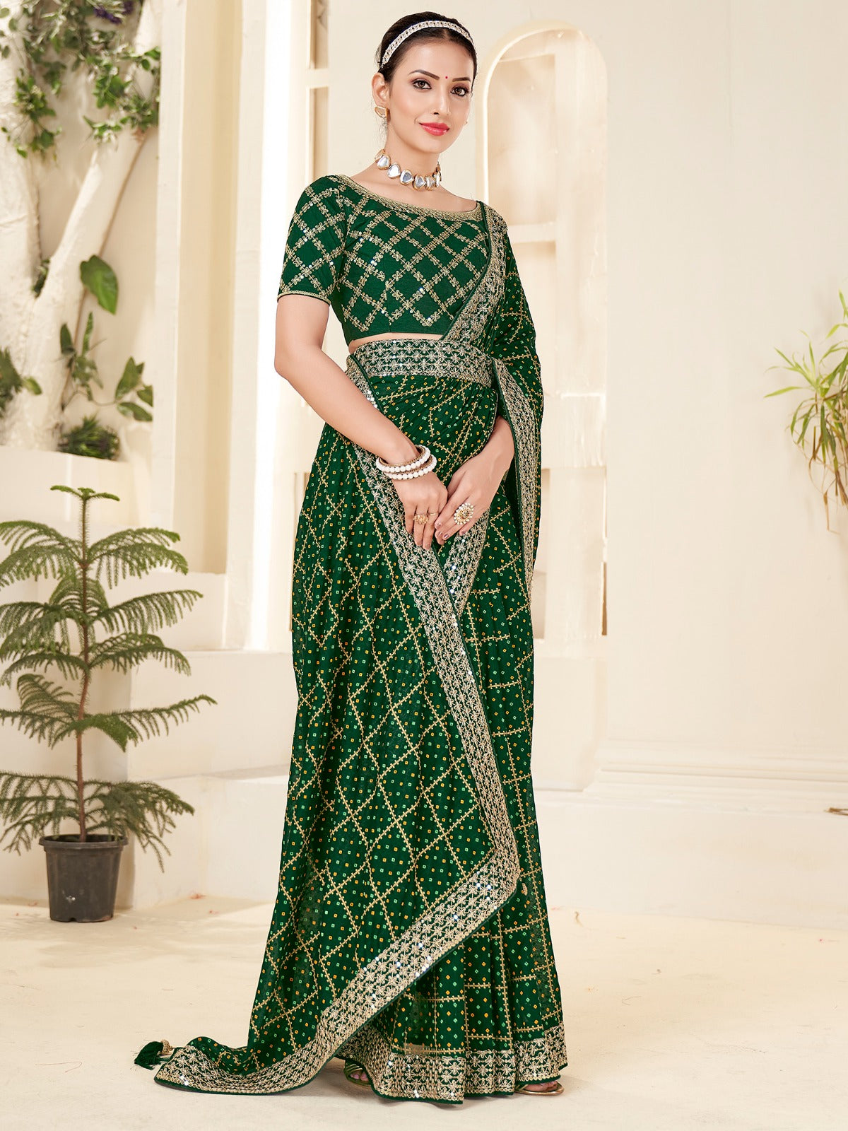 Forest Green Bandhani Silk Saree