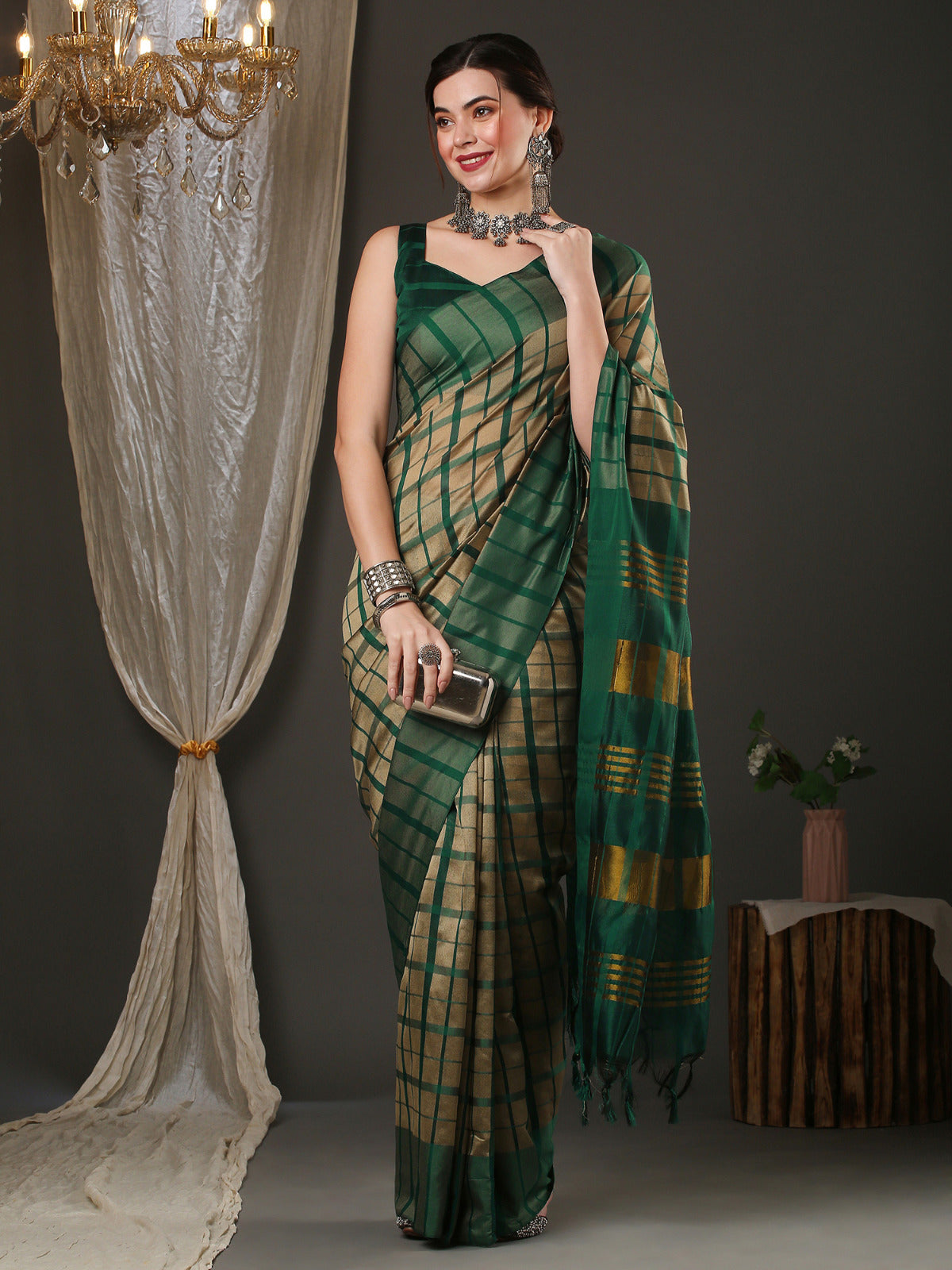 Green & Peanut Brown Tant Saree