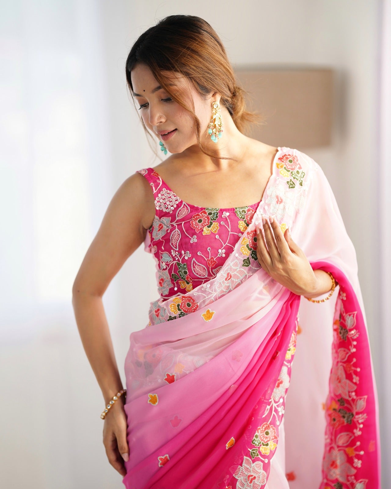 Hot Pink Embroidered Georgette Saree