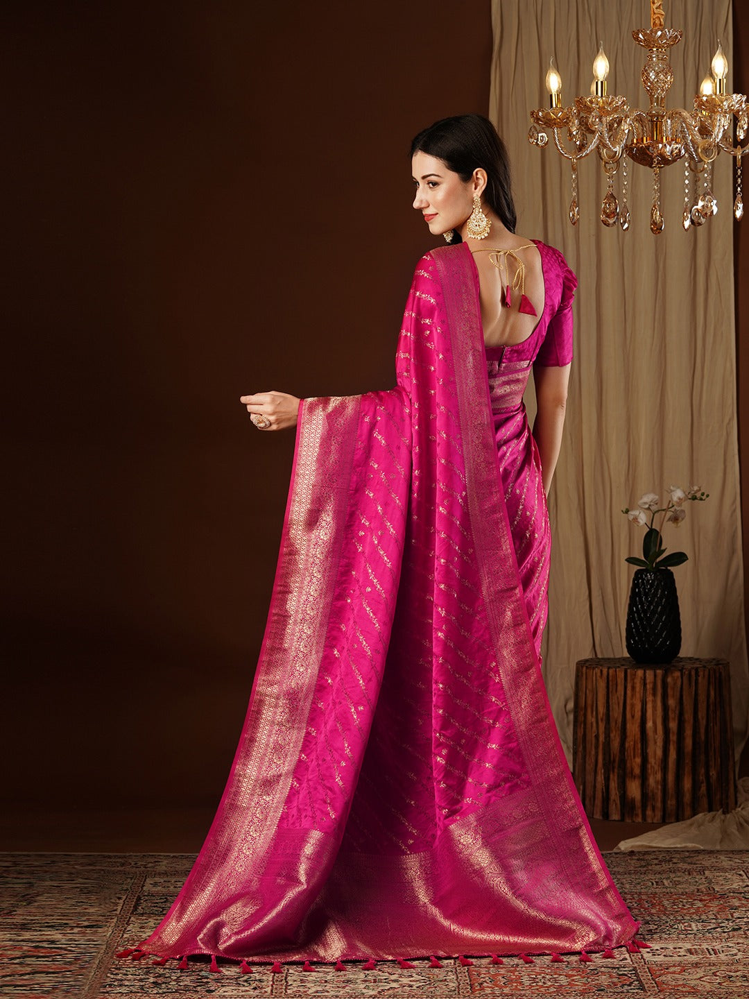 Hot Pink Woven Kanjivaram Silk Saree