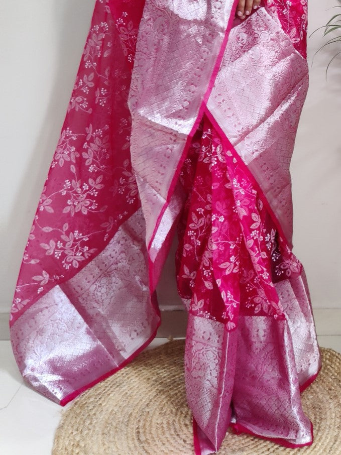 Hot Pink Botanical Organza Saree
