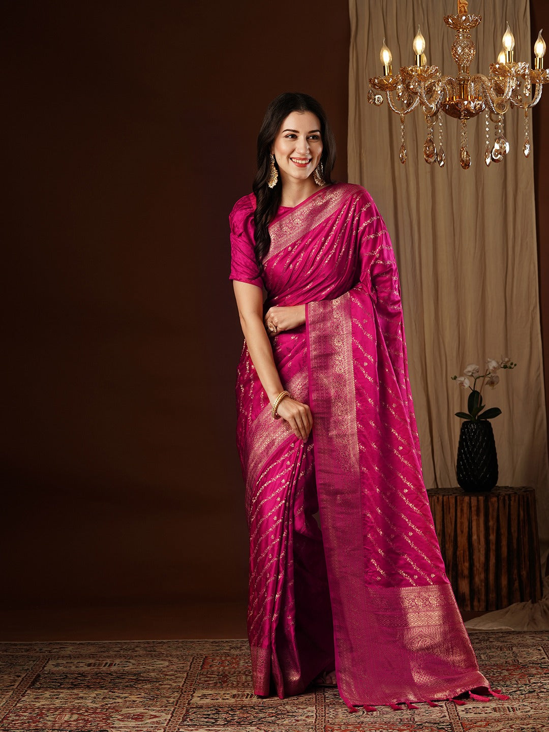 Hot Pink Woven Kanjivaram Silk Saree