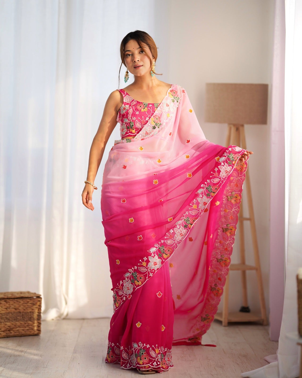 Hot Pink Embroidered Georgette Saree