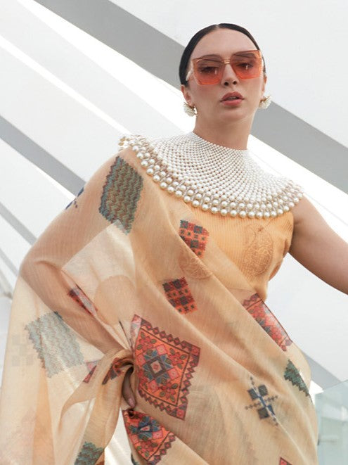 Latte Yellow Woven Tissue Silk Saree