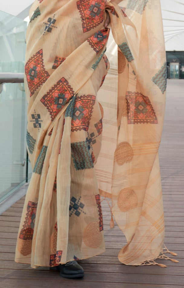 Latte Yellow Woven Tissue Silk Saree