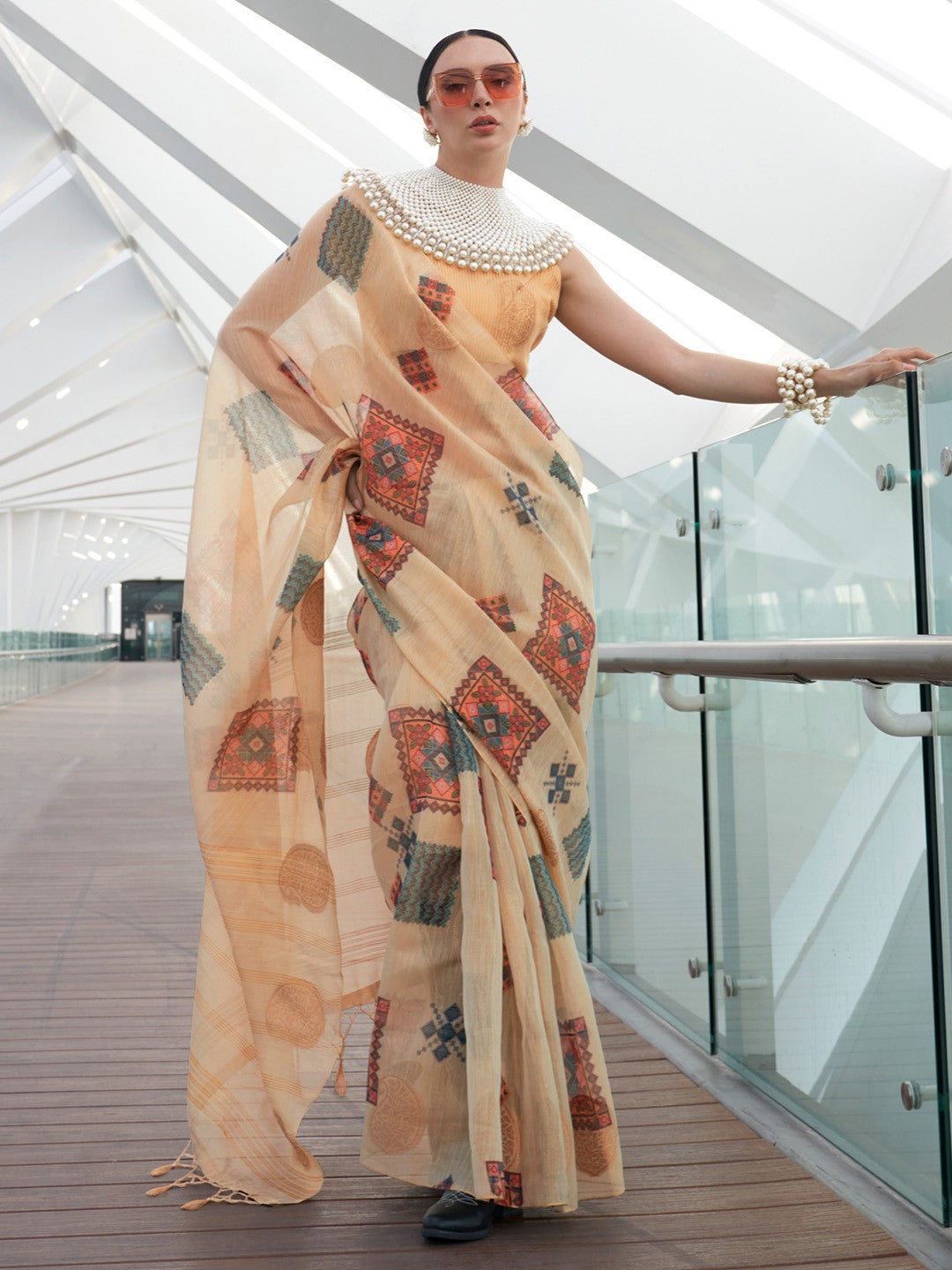 Latte Yellow Woven Tissue Silk Saree