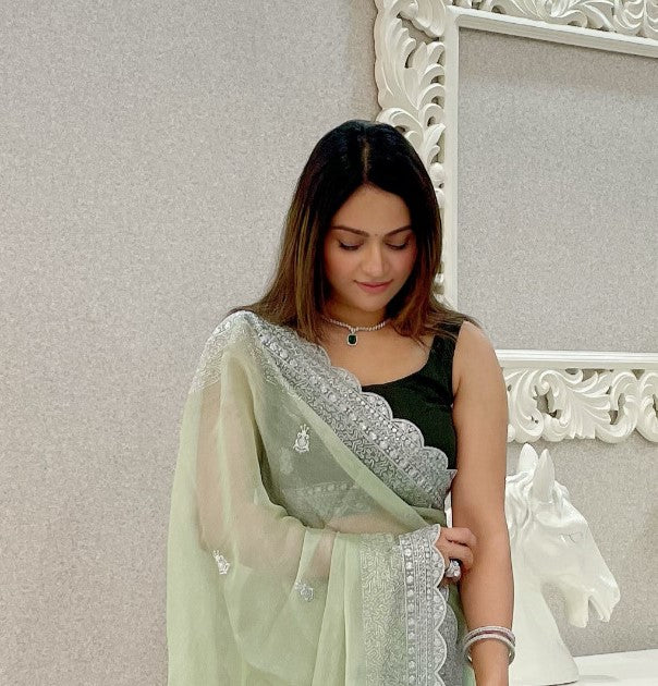 Light Green Sequins Organza Saree