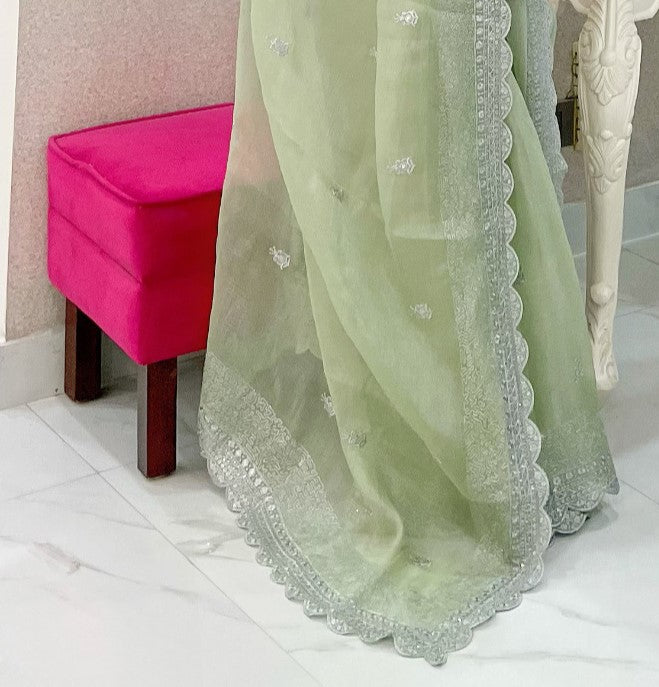 Light Green Sequins Organza Saree