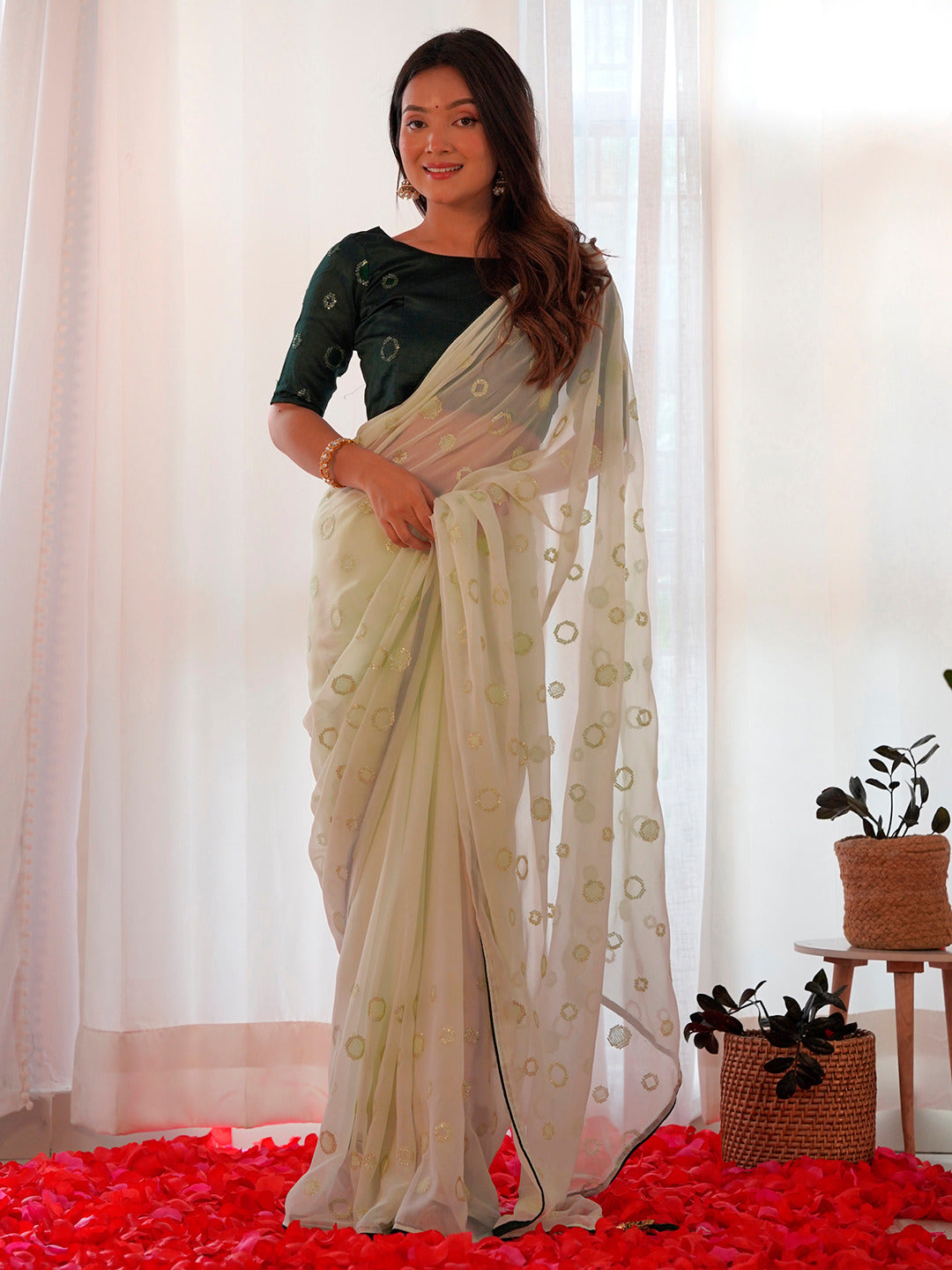 Light Green Sequins Georgette Saree