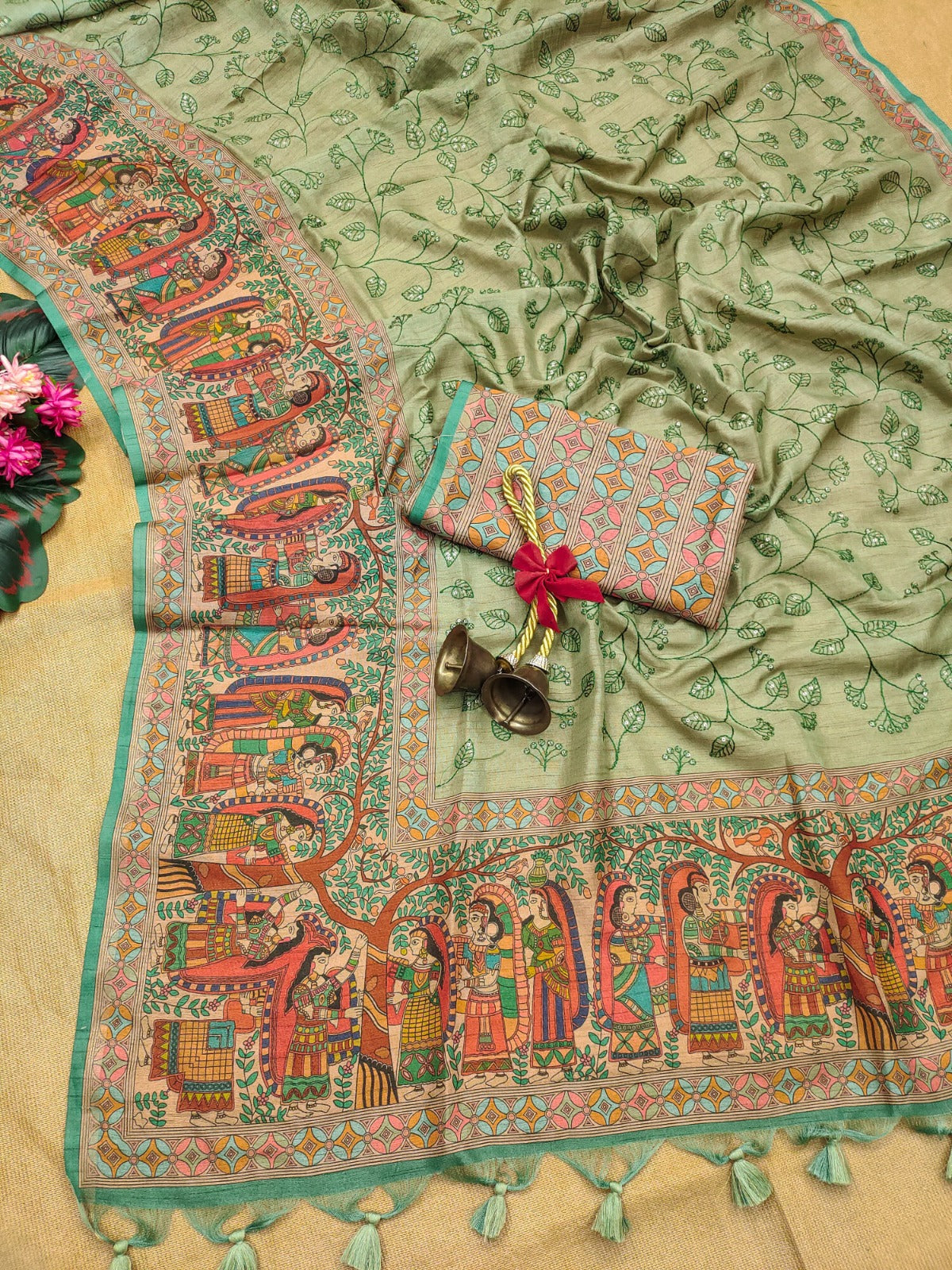 Lime Green Premium Tussar Silk Saree