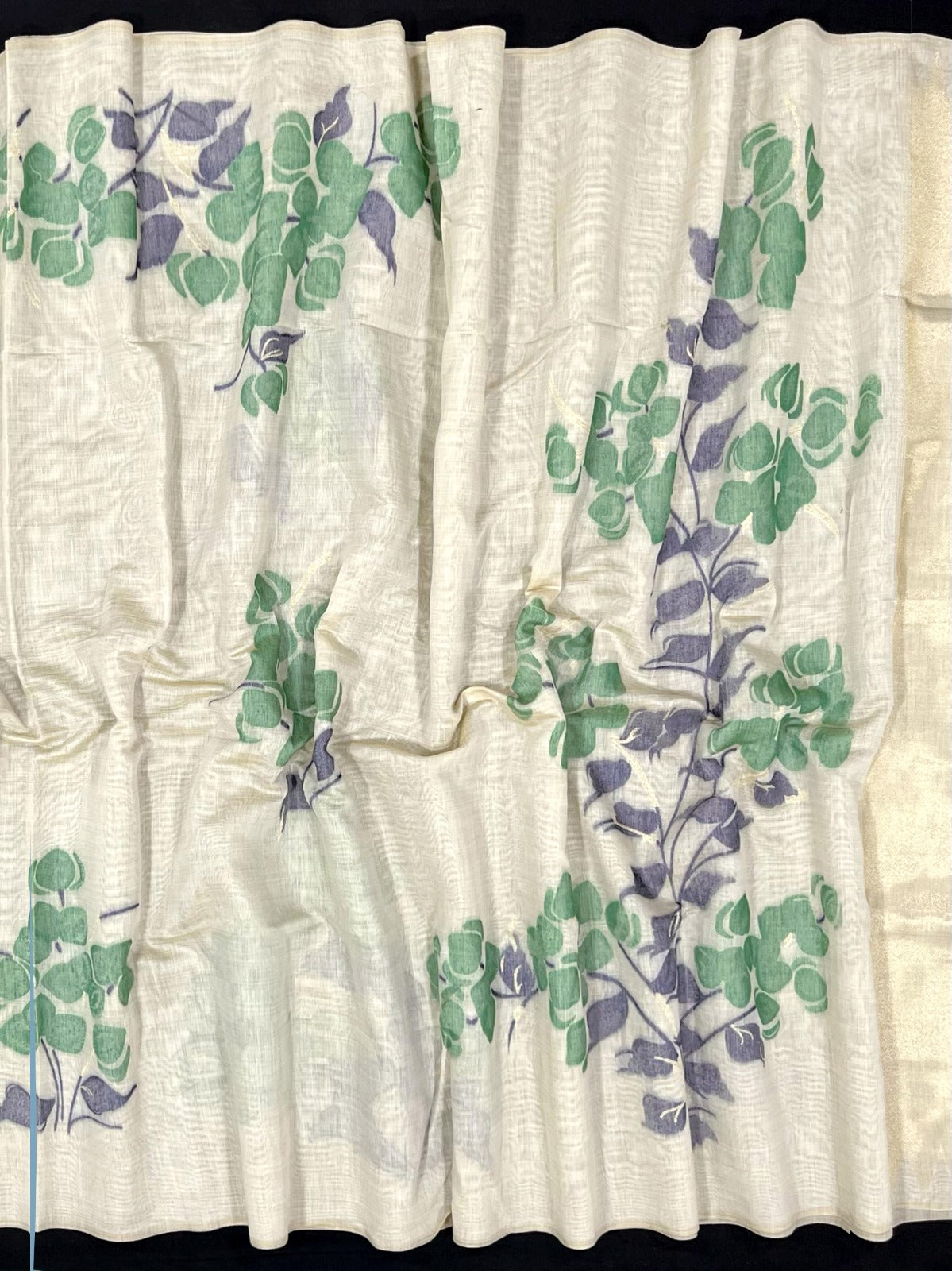 Linen White & Green Premium Muga Cotton Saree