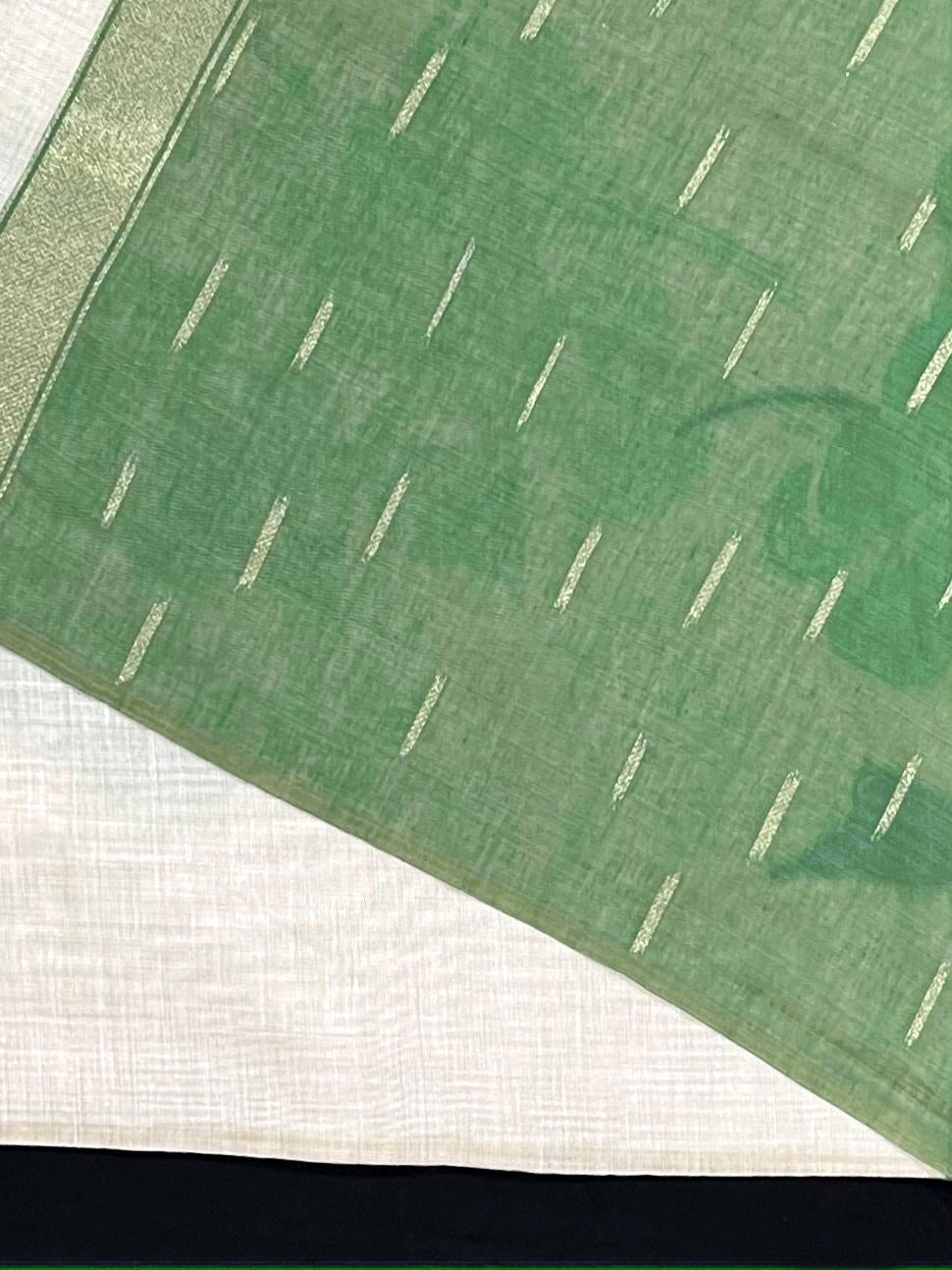 Linen White & Green Premium Muga Cotton Saree
