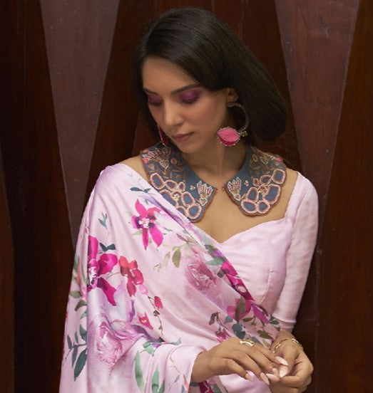Lotus Pink Printed satin Silk Saree