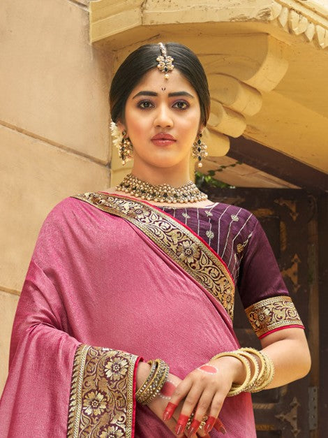 Lotus Pink Vichitra Silk Silk Saree