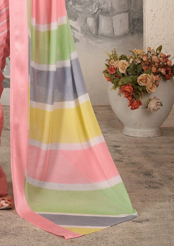 Lotus Pink Printed Chiffon Leheriya Saree