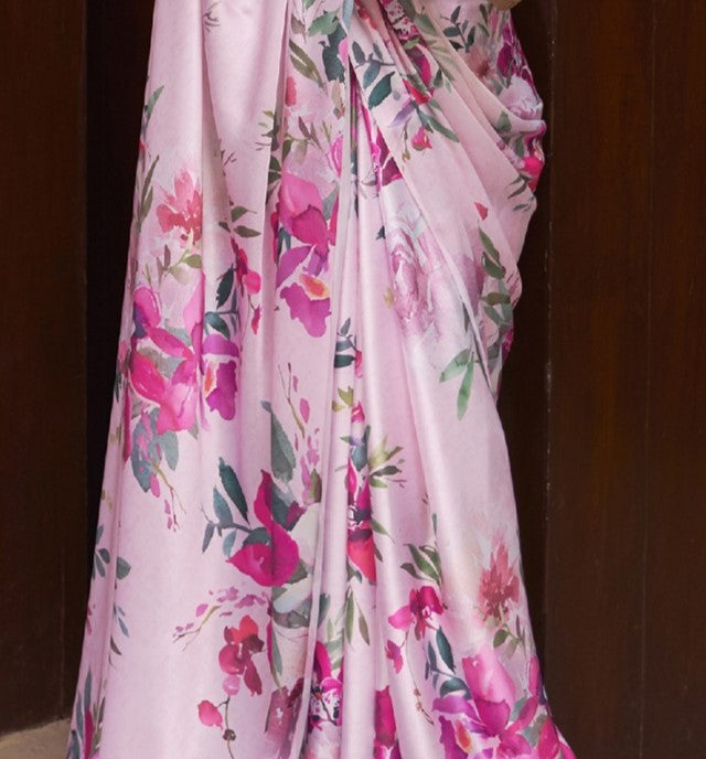 Lotus Pink Printed satin Silk Saree