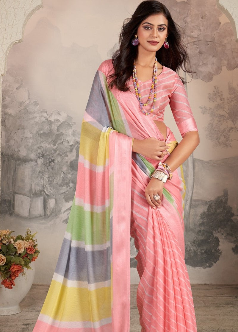 Lotus Pink Printed Chiffon Leheriya Saree