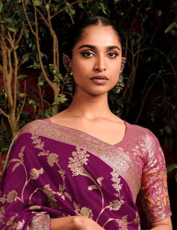 Maroon Woven Banarasi Mulberry Silk Saree