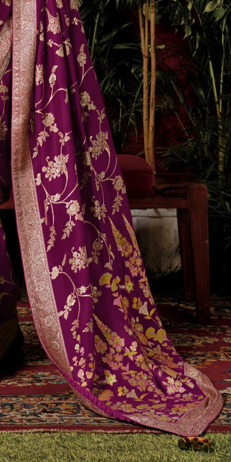 Maroon Woven Banarasi Mulberry Silk Saree