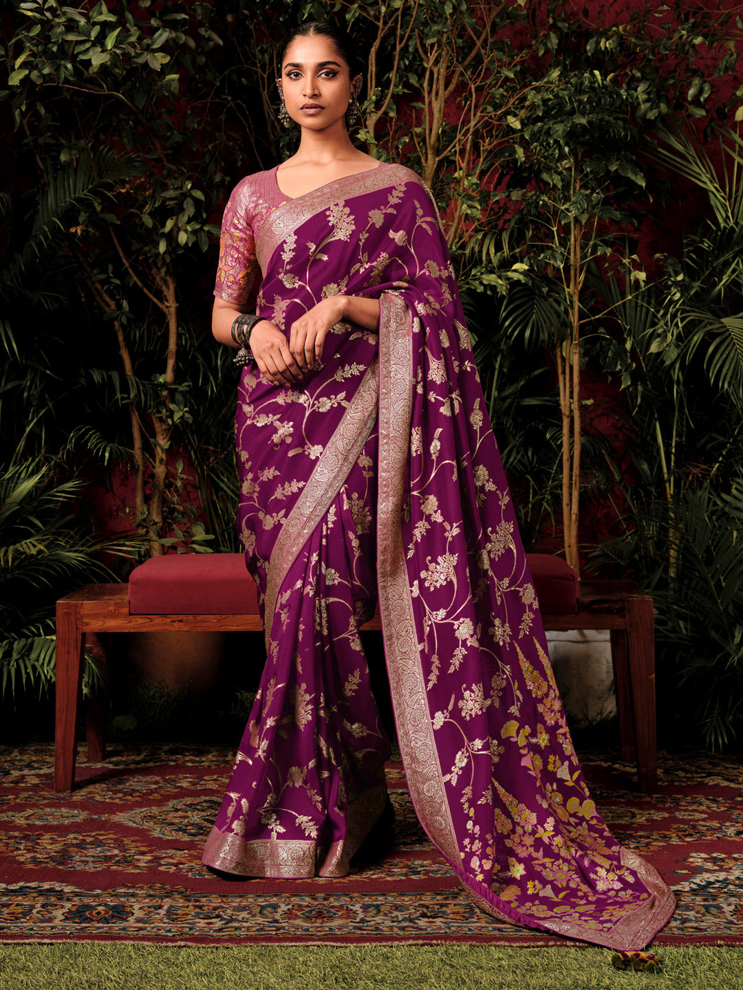 Maroon Woven Banarasi Mulberry Silk Saree
