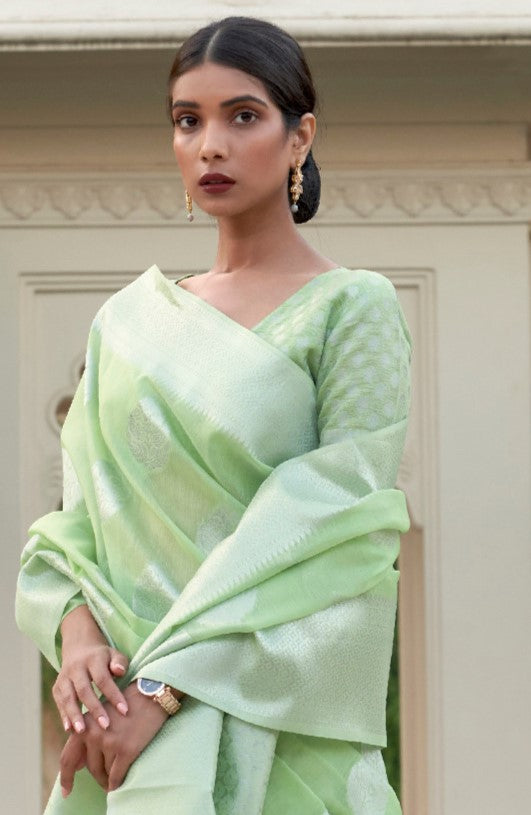 Mint Green Woven Banarasi Pure Linen Saree