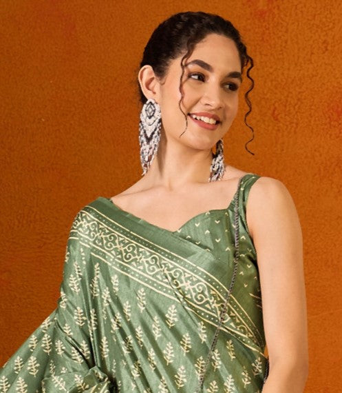Moss Green Printed Bagh Cotton Saree