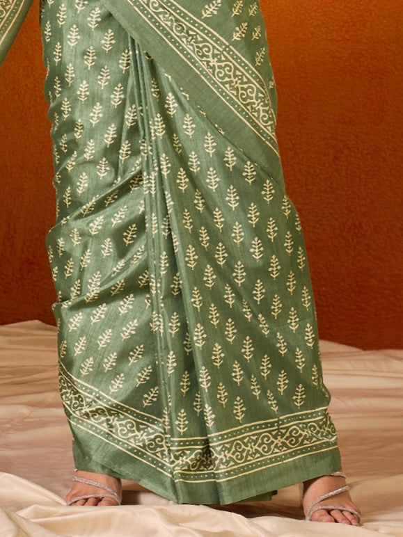 Moss Green Printed Bagh Cotton Saree