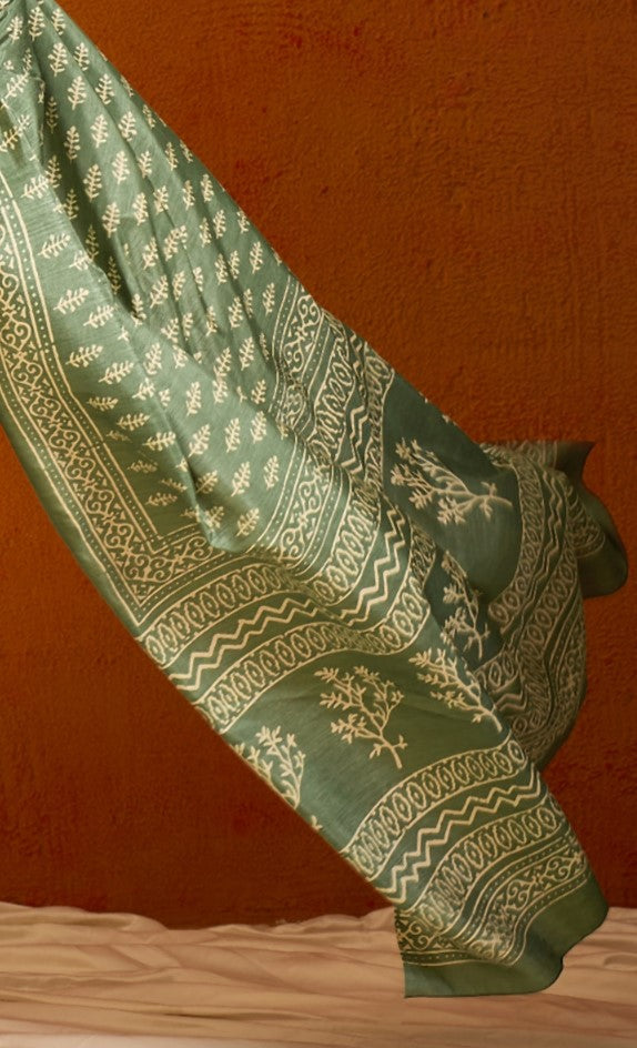 Moss Green Printed Bagh Cotton Saree