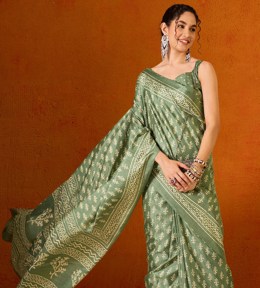 Moss Green Printed Bagh Cotton Saree