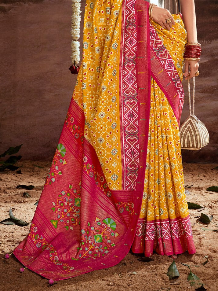 Mustard Yellow Printed Tussar Silk Ikat Saree