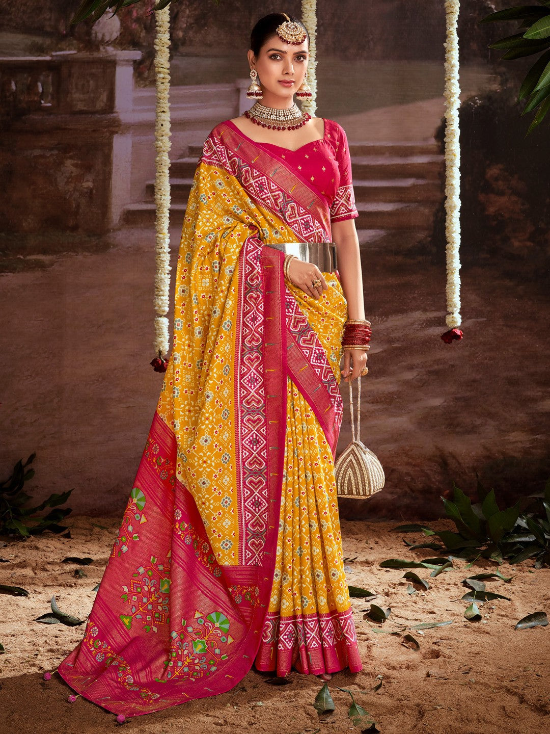 Mustard Yellow Printed Tussar Silk Ikat Saree