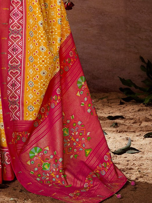 Mustard Yellow Printed Tussar Silk Ikat Saree