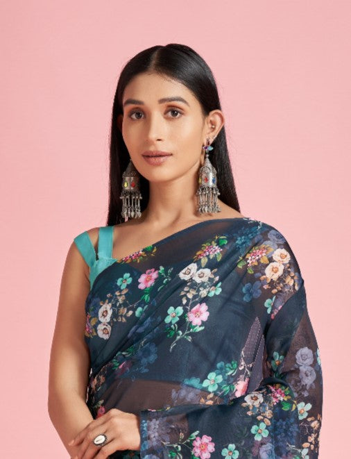Navy Blue Floral Organza Saree