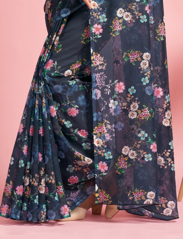 Navy Blue Floral Organza Saree