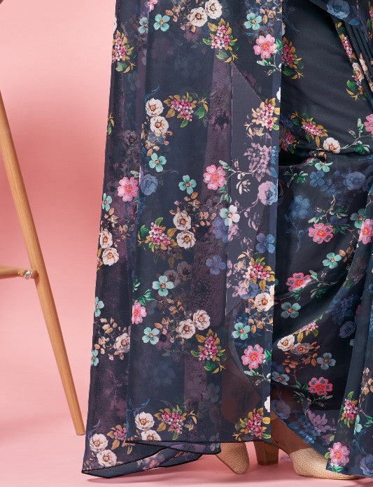 Navy Blue Floral Organza Saree
