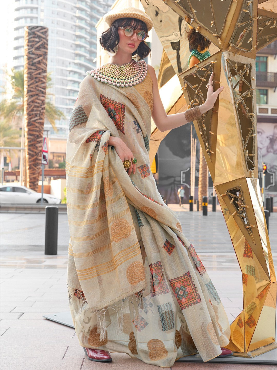 Oat Brown Woven Tissue Silk Saree